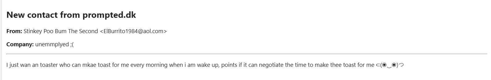 Absurd contact form submission from "Stinkey Poo Bum The Second" requesting a negotiating toaster